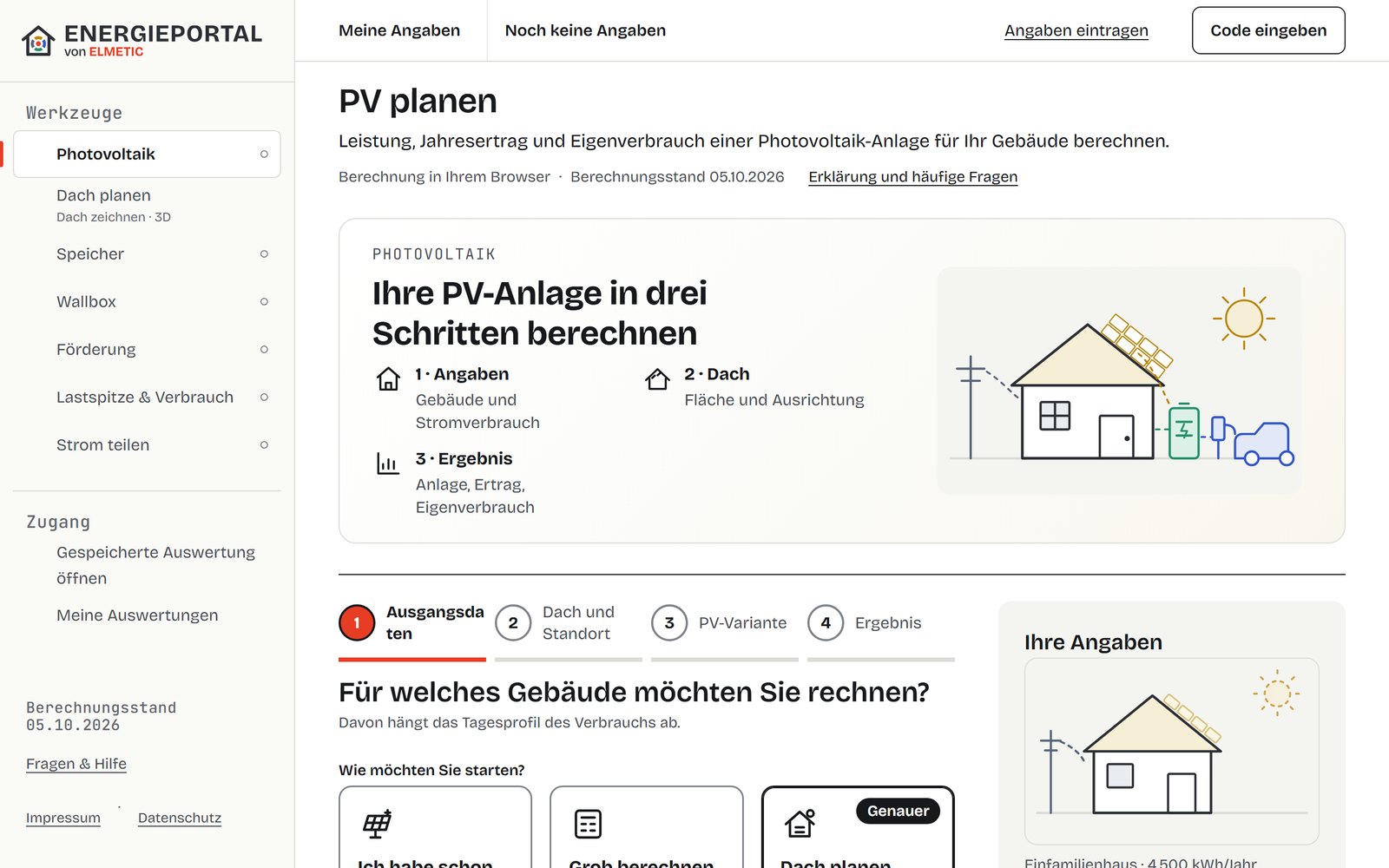 Ansicht des PV-Rechners im ELMETIC-Energieportal